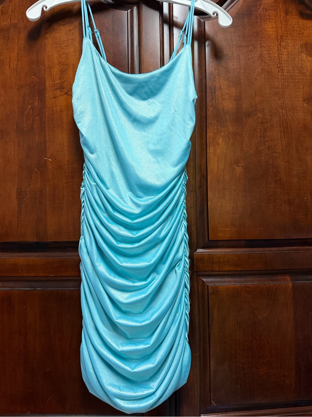 Lucy in the Sky Shimmery Aqua Ruched Cowl Neck Mini Dress